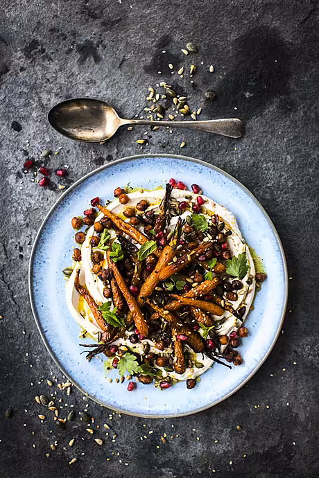 Private: Sticky Roast Carrots & Chickpea Salad | DonalSkehan.com, Sticky roast carrots & chickpeas with taghourt (tahini and yoghurt), pomegranate & toasted seeds.