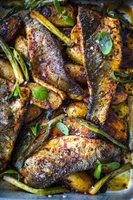 Harissa Baked Fish with Baby Potatoes, Tomatoes & Mint Salsa | DonalSkehan.com, Perfect as a spring/summer supper! 