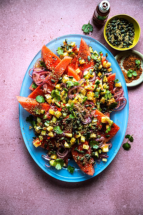 Watermelon Salad with Pineapple, Cucumber, Coriander, Red Onion, Lime & Tajin | DonalSkehan.com
