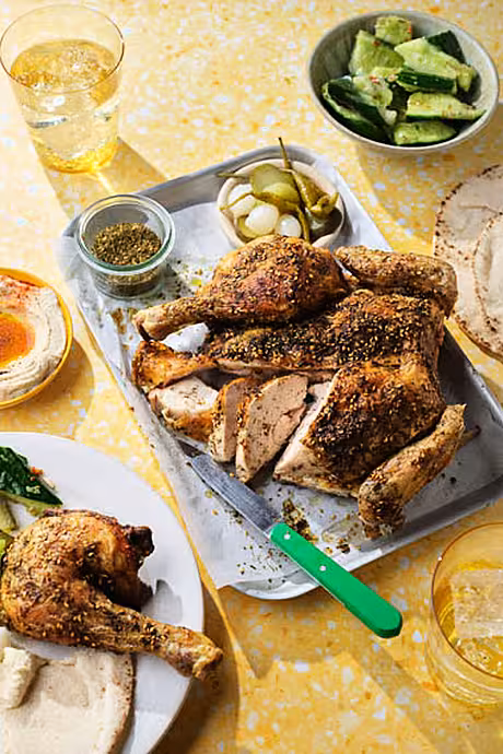 Za’atar Chicken Plates with Cucumber Salad, Hummus & Pickles | DonalSkehan.com