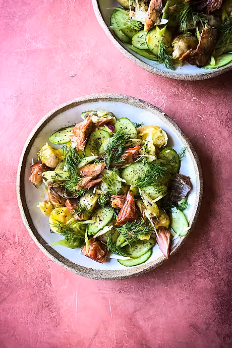 Hot Smoked Salmon & Potato Salad with Lemon Creme Fraiche Dressing | DonalSkehan.com