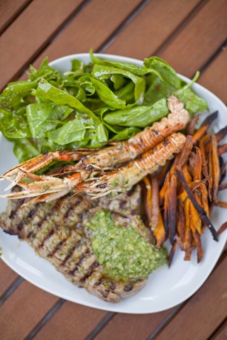 Chimichurri Surf and Turf with Skinny Sweet Potato Chips | DonalSkehan.com, Combining land and sea in tasty harmony!