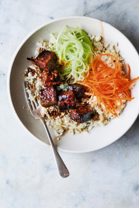 Teriyaki Tofu Bowls with Cauli Rice, Cucumber & Carrot Slaw | DonalSkehan.com