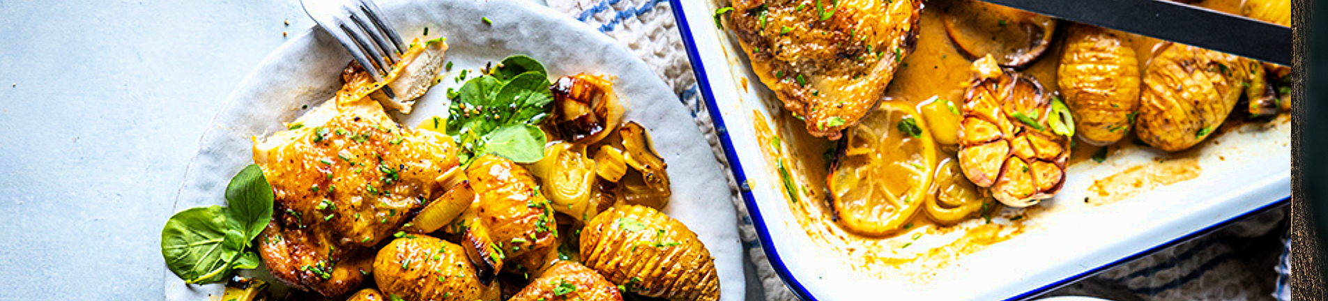 Cover - Roast Chicken Thighs with Caramelized Leeks and Hasselback Baby Potatoes