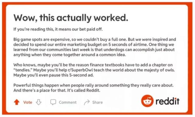 Reddit had a blink-and-you'll-miss-it 5 second ad during Super Bowl