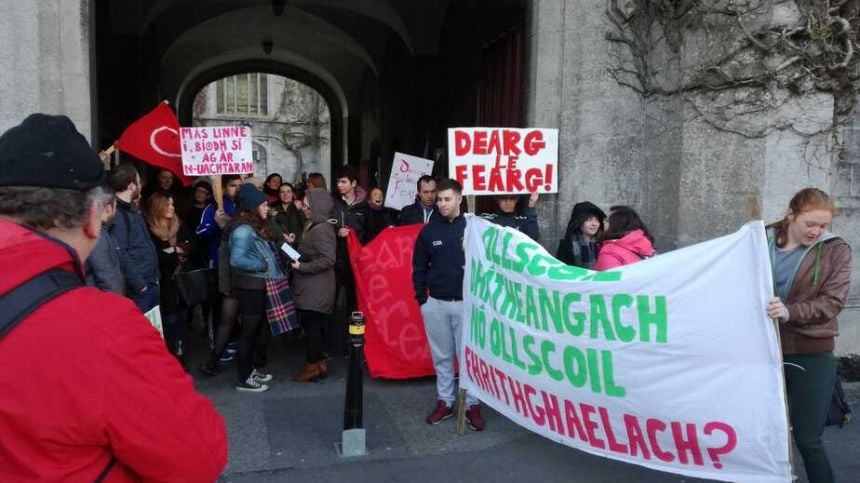 Up to 50 people gather at NUI Galway protest on change to Irish language requirement for university president