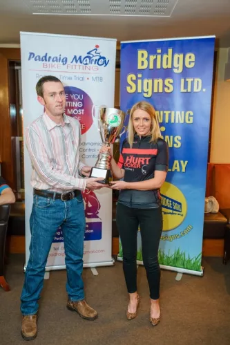 Joanne O Boyle recieving the IWDS Team cup for 2017 from Brian O Reilly of Bridge Signs