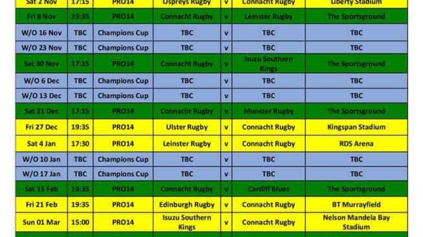 Connacht Rugby Pro14 Fixtures Released