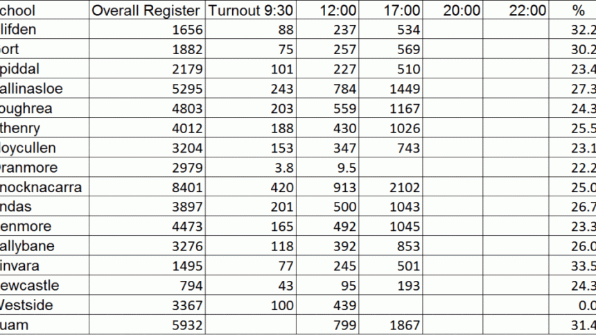 Voter turnout averaging a steady 30 per cent across Galway city and county