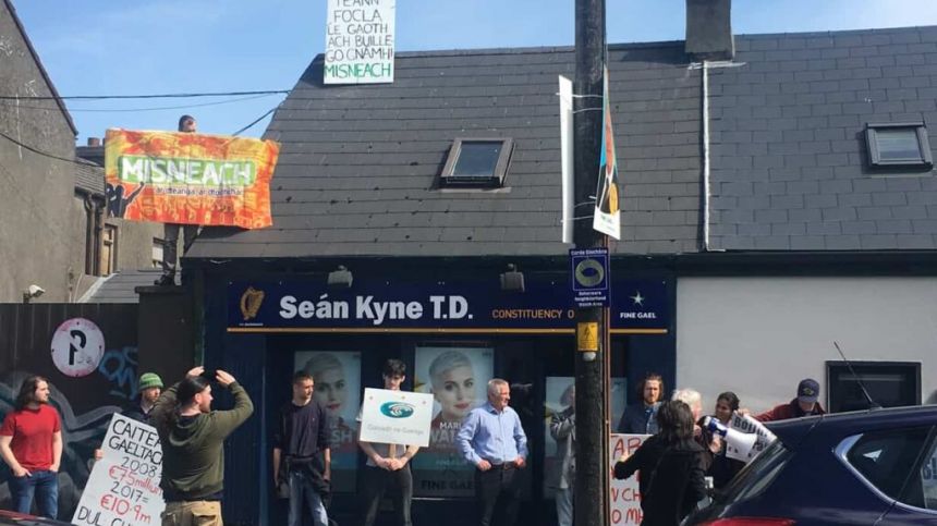 Protestor at Sean Kyne's Galway city constituency office climbs on roof