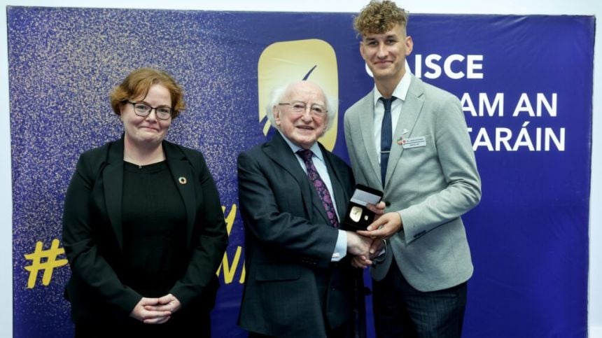 President Higgins presents young Rahoon man with a Gaisce award