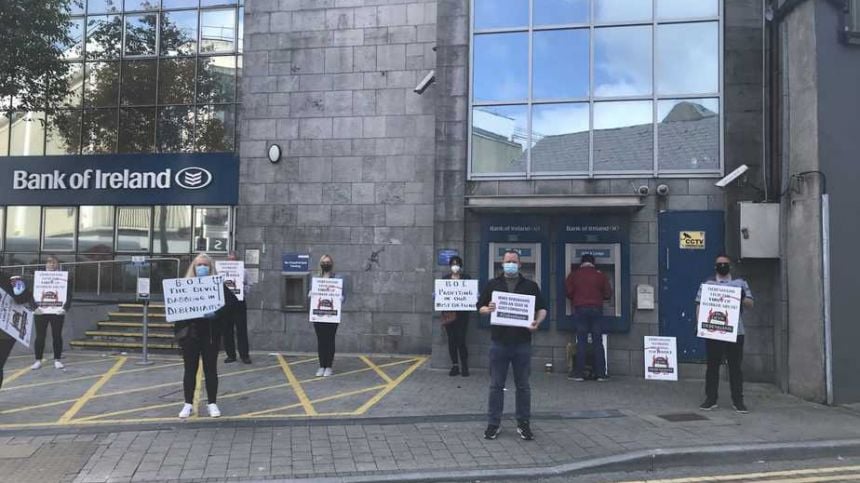 Group of 20 Galway Debenhams workers stage protest at Bank of Ireland