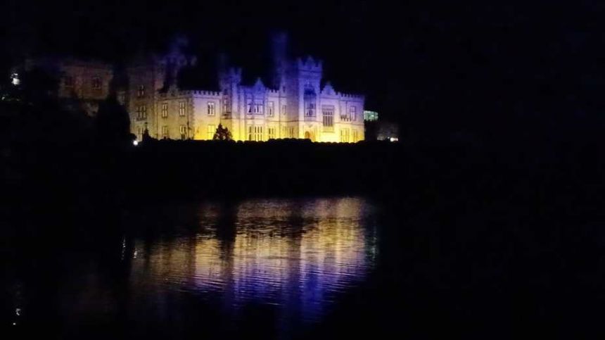 Kylemore Abbey Lights Blue & Yellow in solidarity with Ukraine