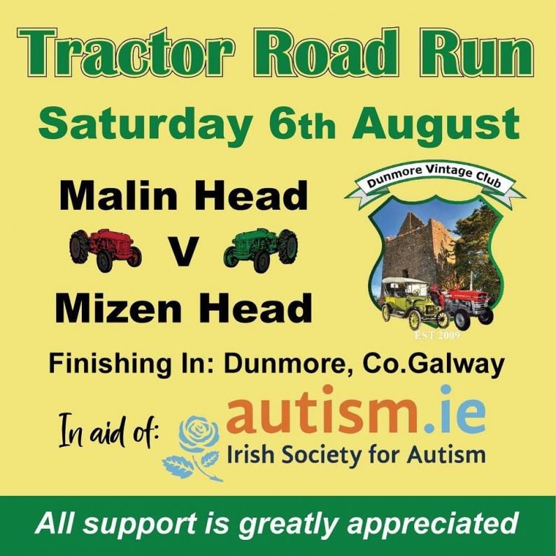 Tractors in a race to Dunmore from Malin and Mizen Head to raise money for Autism Ireland