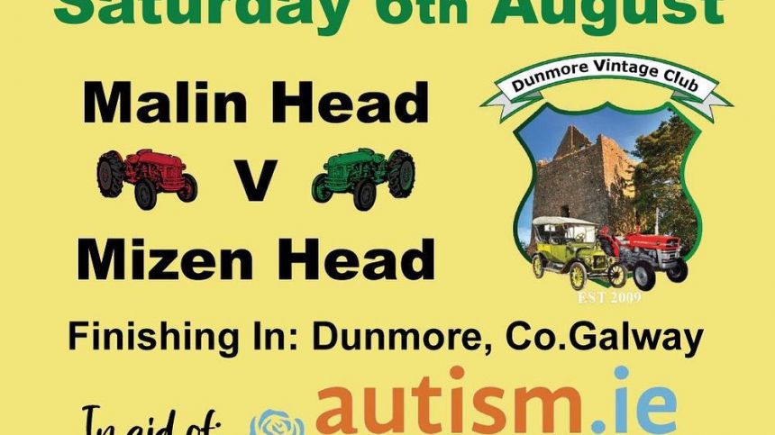 Tractors in a race to Dunmore from Malin and Mizen Head to raise money for Autism Ireland