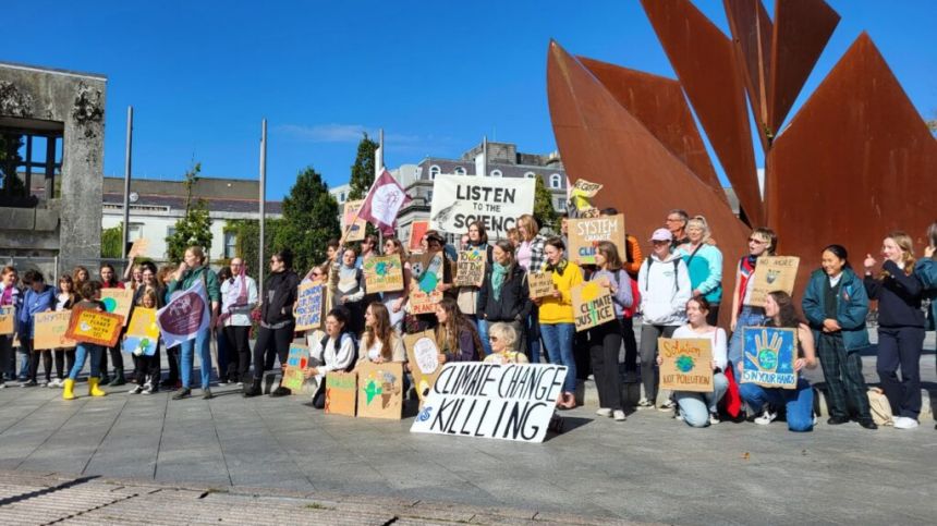 Crowds of young people turn out in Eyre Square to protest climate inaction