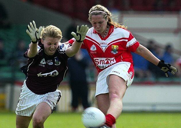 Molloy goes in to block Cork's Regina Curtin in the Ladies League Final in 2005.Picture:INPHO