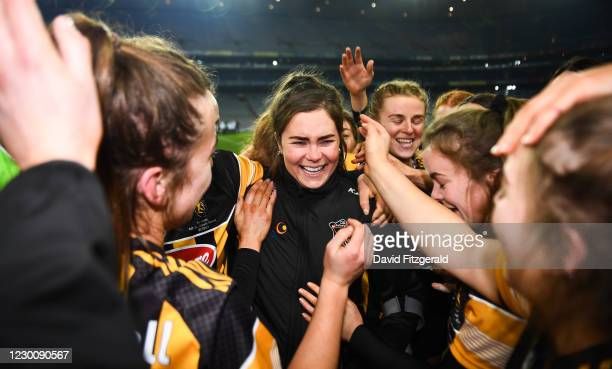 Dublin , Ireland - 12 December 2020; An emotional injured Kilkenny player Katie Power, centre, celebrates with team-mates following the Liberty Insurance All-Ireland Senior Camogie Championship Final match between Galway and Kilkenny at Croke Park in Dublin. (Photo By David Fitzgerald/Sportsfile via Getty Images)
