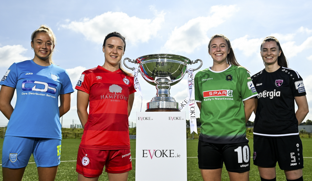 Pictured at the announcement of EVOKE.ie as sponsor of the FAI Women's Senior Cup. From left- Eleanor Ryan Doyle of Peamount United, Lauren Dwyer of Wexford Youths WFC, Ciara Grant of Shelburne and Nadine Clare of DLR Waves SPORTSFILE