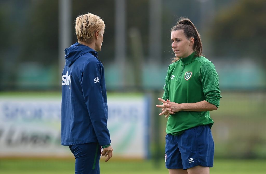 Lucy Quinn in conversation with Republic of Ireland WNT Manager Vera Pauw at the FAI National Training Centre SPORTSFILE