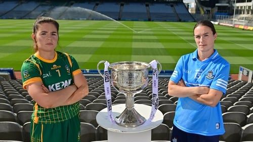 Meath captain Shauna Ennis and Dublin skipper Sinead Ahern with the Brendan Martin Cup.Image- Brendan Moran:Sportsfile)