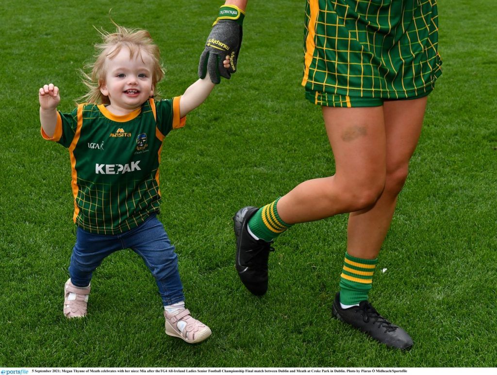 September 2021; Megan Thynne of Meath celebrates with her niece Mia following the TG4 All-Ireland Ladies Senior Football Championship Final match between Dublin and Meath at Croke Park in Dublin. Photo by Piaras Ó Mídheach/Sportsfile