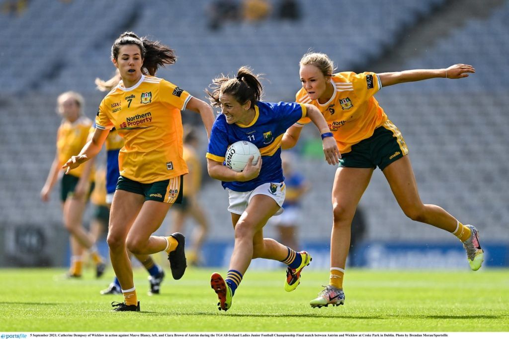 5 September 2021; Catherine Dempsey of Wicklow in action against Maeve Blaney, left, and Ciara Brown of Antrim during the TG4 All-Ireland Ladies Junior Football Championship Final match between Antrim and Wicklow at Croke Park in Dublin. Photo by Brendan Moran/Sportsfile