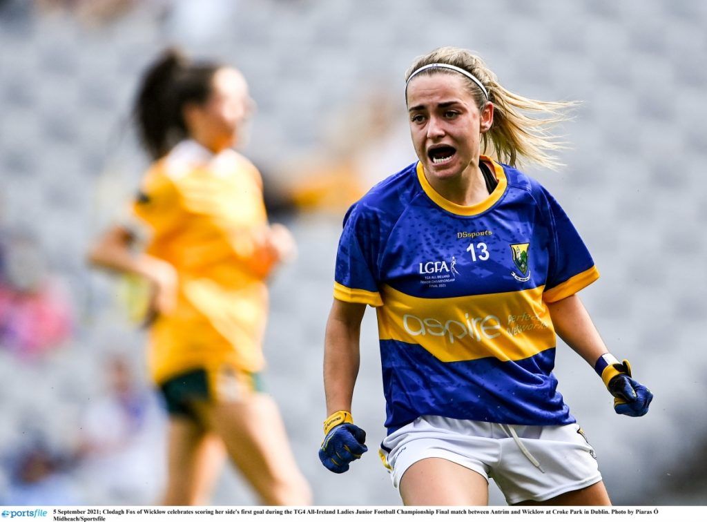 5 September 2021; Clodagh Fox of Wicklow celebrates scoring her side's first goal during the TG4 All-Ireland Ladies Junior Football Championship Final match between Antrim and Wicklow at Croke Park in Dublin. Photo by Piaras Ó Mídheach/Sportsfile