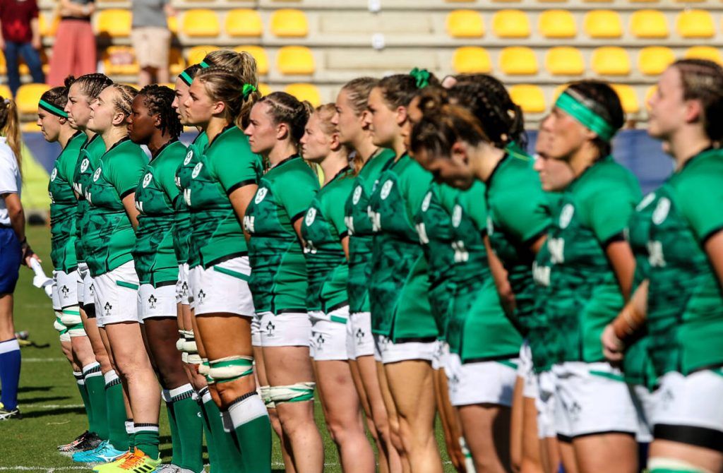 2021 Rugby World Cup European Qualifying Tournament Round 2, Stadio Sergio Lanfranchi, Italy 19/9/2021 Italy Women vs Ireland Women The Ireland team stand for the national anthem Mandatory Credit ©INPHO/Giuseppe Fama
