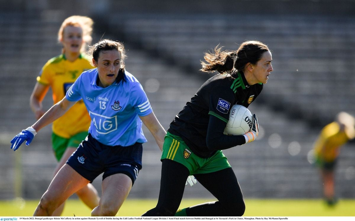 19 March 2022; Donegal goalkeeper Róisín McCafferty in action against Hannah Tyrrell of Dublin during the Lidl Ladies Football National League Division 1 Semi-Final match between Dublin and Donegal at St Tiernach's Park in Clones, Monaghan. Photo by Ray McManus/Sportsfile