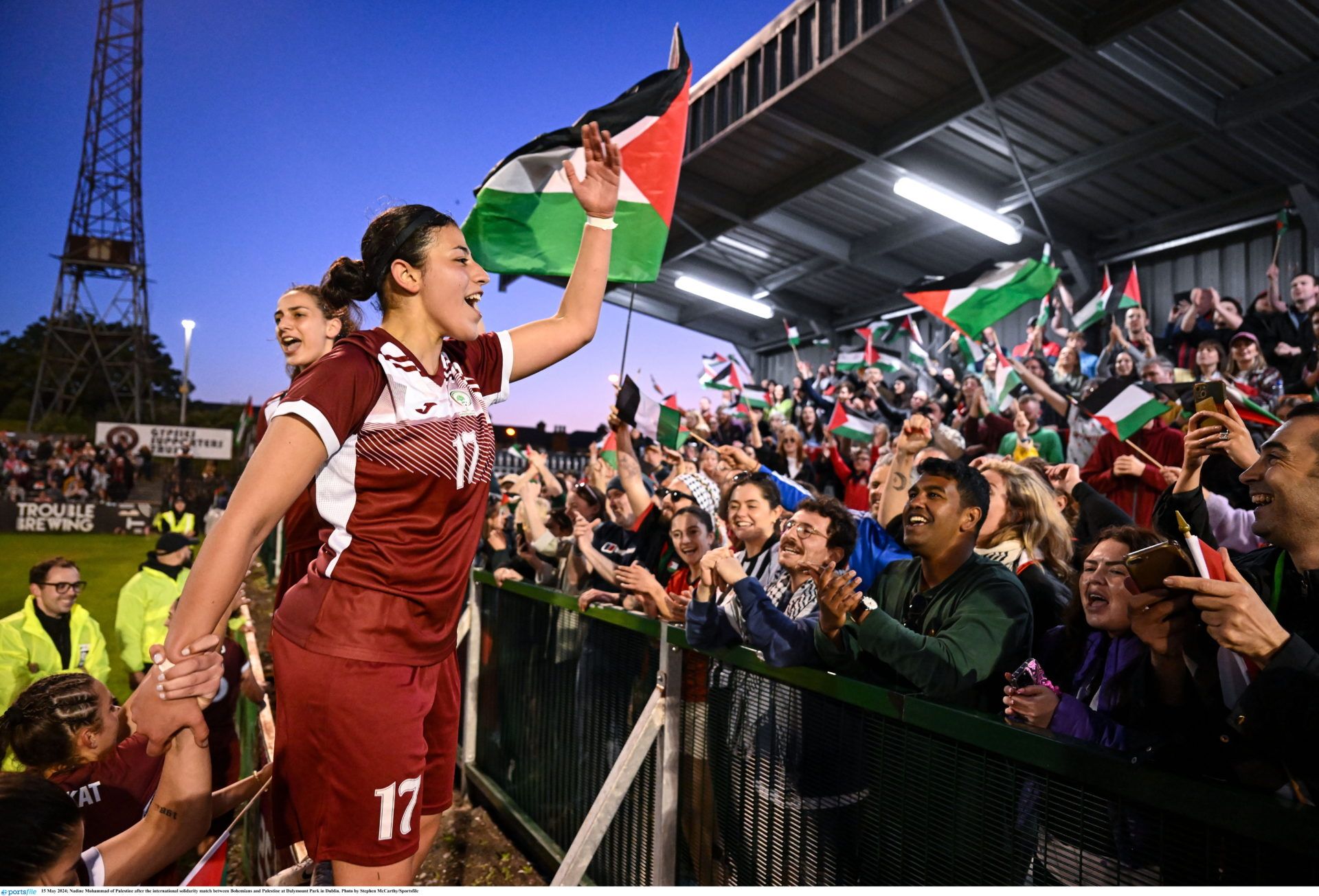 15 May 2024; Nadine Mohammad of Palestine after the international solidarity match between Bohemians and Palestine at Dalymount Park in Dublin. Photo by Stephen McCarthy/Sportsfile