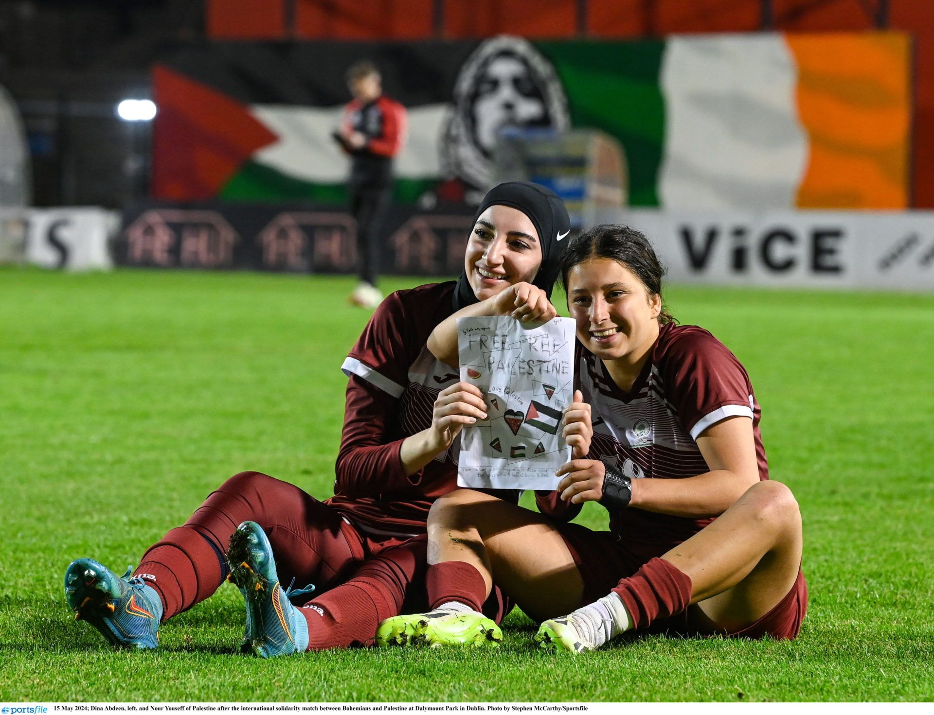 15 May 2024; Dina Abdeen, left, and Nour Youseff of Palestine after the international solidarity match between Bohemians and Palestine at Dalymount Park in Dublin. Photo by Stephen McCarthy/Sportsfile