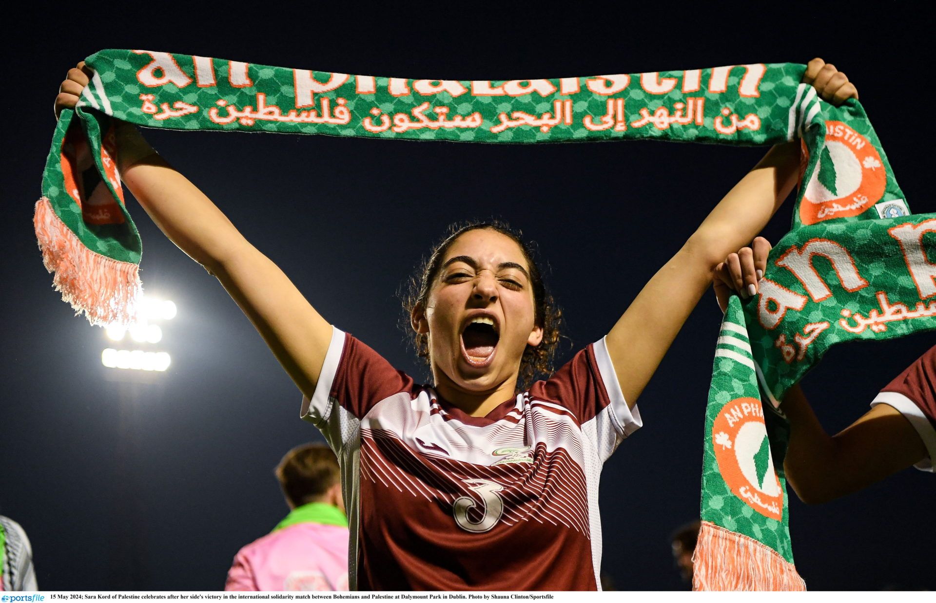 15 May 2024; Sara Kord of Palestine celebrates after her side's victory in the international solidarity match between Bohemians and Palestine at Dalymount Park in Dublin. Photo by Shauna Clinton/Sportsfile