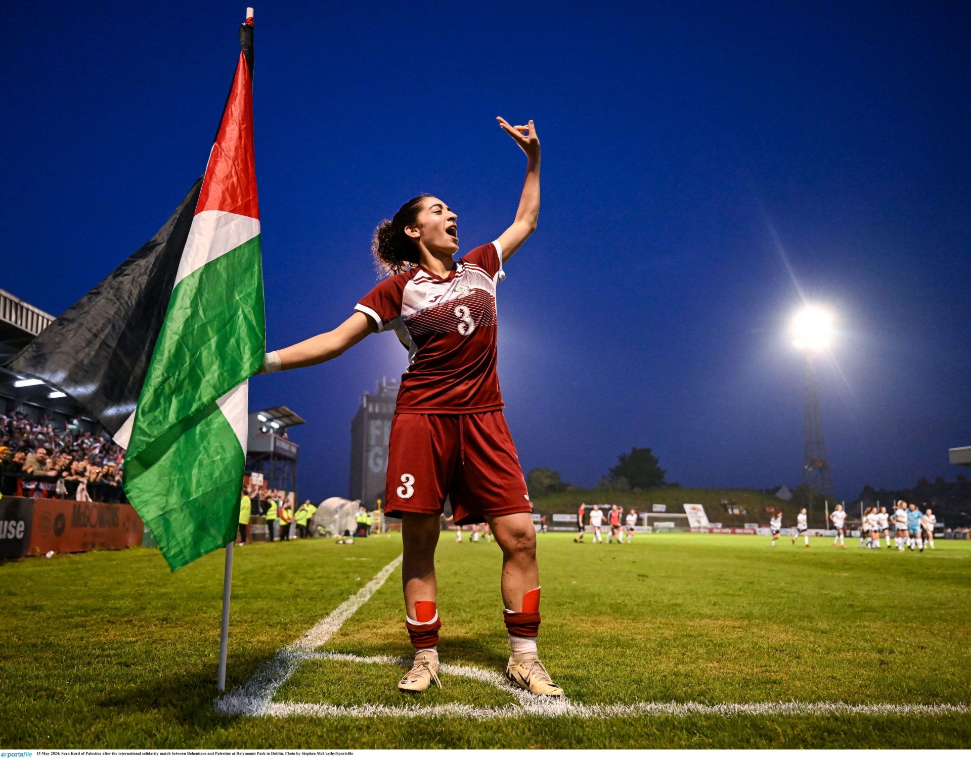 15 May 2024; Sara Kord of Palestine after the international solidarity match between Bohemians and Palestine at Dalymount Park in Dublin. Photo by Stephen McCarthy/Sportsfile