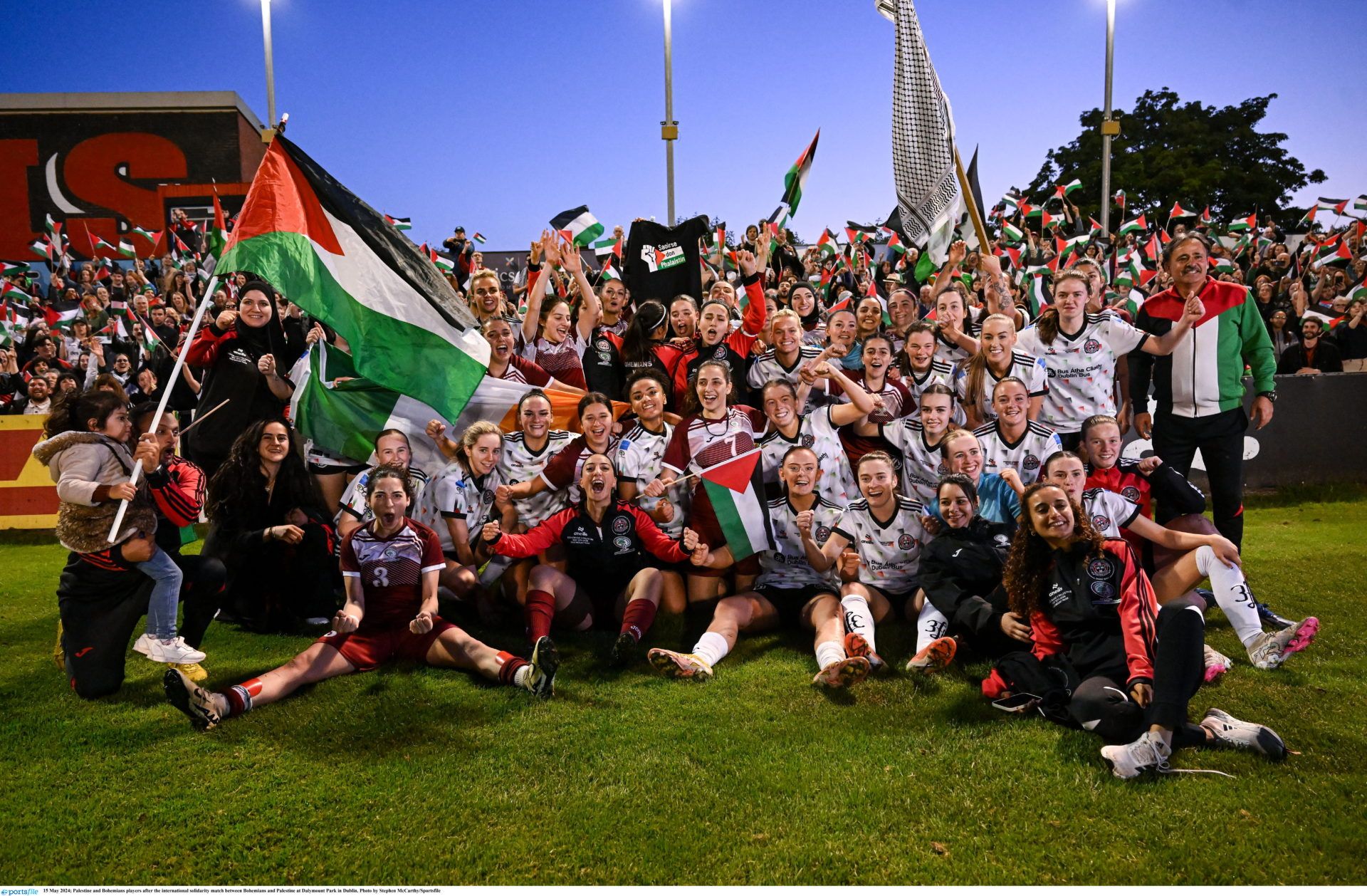 15 May 2024; Palestine and Bohemians players after the international solidarity match between Bohemians and Palestine at Dalymount Park in Dublin. Photo by Stephen McCarthy/Sportsfile
