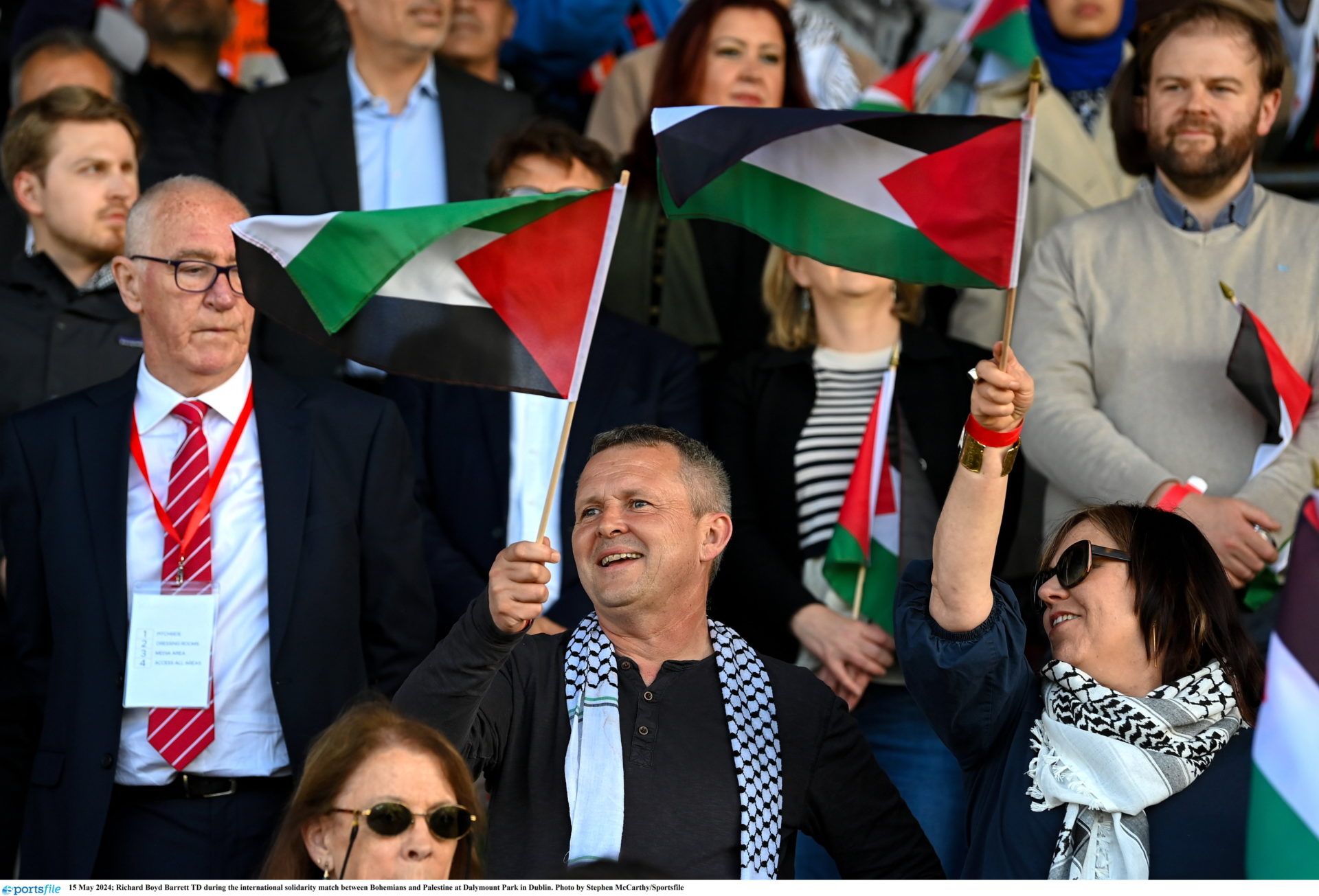 15 May 2024; Richard Boyd Barrett TD during the international solidarity match between Bohemians and Palestine at Dalymount Park in Dublin. Photo by Stephen McCarthy/Sportsfile