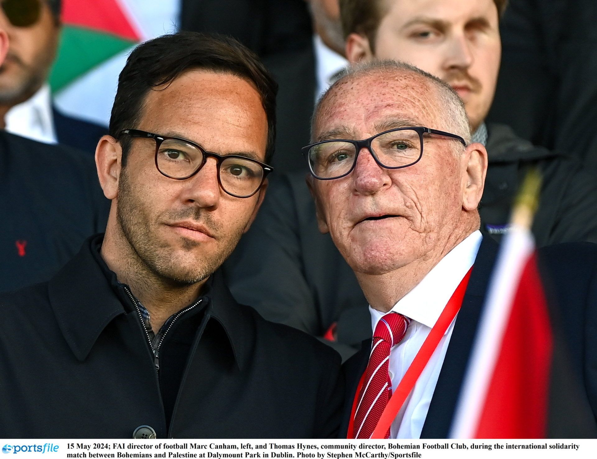 15 May 2024; FAI director of football Marc Canham, left, and Thomas Hynes, community director, Bohemian Football Club, during the international solidarity match between Bohemians and Palestine at Dalymount Park in Dublin. Photo by Stephen McCarthy/Sportsfile