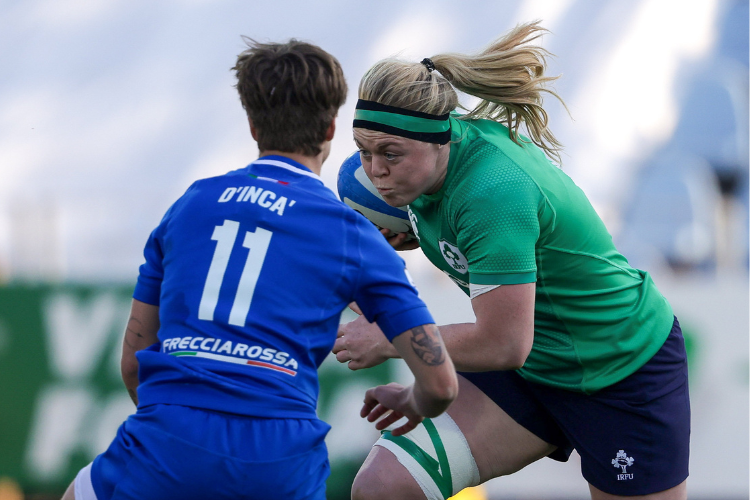 15 April 2023; Sam Monaghan of Ireland in action against Alyssa D'Incà of Italy during the Tik Tok Womens Six Nations Rugby Championship match between Italy and Ireland at Stadio Sergio Lanfranchi in Parma, Italy. Photo by Roberto Bregani/Sportsfile.