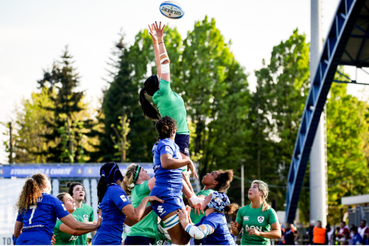 15 April 2023; Nichola Fryday of Ireland competes for the ball in a line out during the Tik Tok Womens Six Nations Rugby Championship match between Italy and Ireland at Stadio Sergio Lanfranchi in Parma, Italy. Photo by Roberto Bregani/Sportsfile