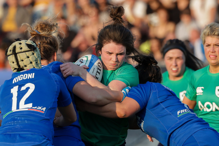 15 April 2023; Deirbhile Nic A Bháird of Ireland is tackled Vittoria Vecchini and Beatrice Rigoni of Italy during the Tik Tok Womens Six Nations Rugby Championship match between Italy and Ireland at Stadio Sergio Lanfranchi in Parma, Italy. Photo by Roberto Bregani/Sportsfile.