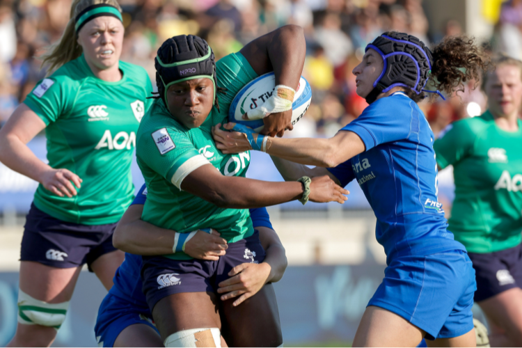 15 April 2023; Linda Djougang of Ireland is tackled by Michela Sillari of Italy during the Tik Tok Women's Six Nations Rugby Championship match between Italy and Ireland at Stadio Sergio Lanfranchi in Parma, Italy. Photo by Roberto Bregani/Sportsfile.