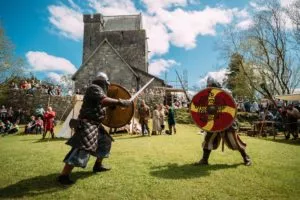 Viking warriors in battle at Craggaunowen on Sunday as part of the Viking Celebration of Bealtaine at Craggaunowen, Co Clare. Photograph by Eamon Ward
