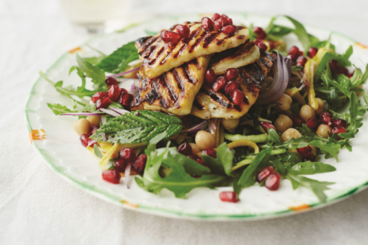 Char-grilled halloumi, courgette and mint salad