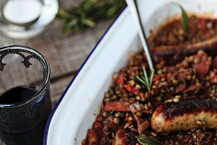 Winter Warmers: Sausages & Lentils with Baby Leaf Salad & Honey Mustard Dressing