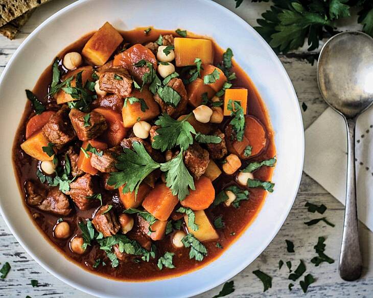The perfect heart-warming beef stew recipe with butternut squash and chickpeas