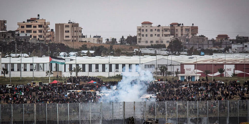 Thousands of Palestinians gath...