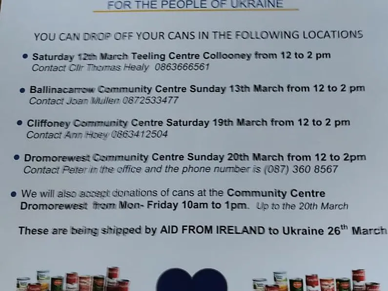 Canned food drive in Co. Sligo for people of Ukraine this week