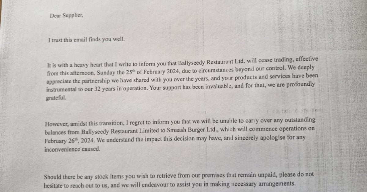 Ballyseedy Restaurant Ltd suppliers told by company it's unable to ...