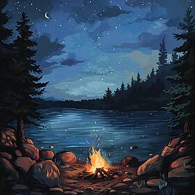 Campfire by the Lake at Night Image