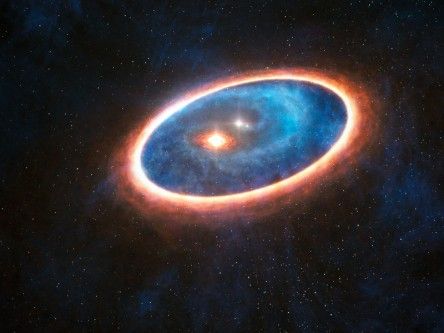 Gas-powered planet formation witnessed in ‘wheel-in-wheel’ binary star system